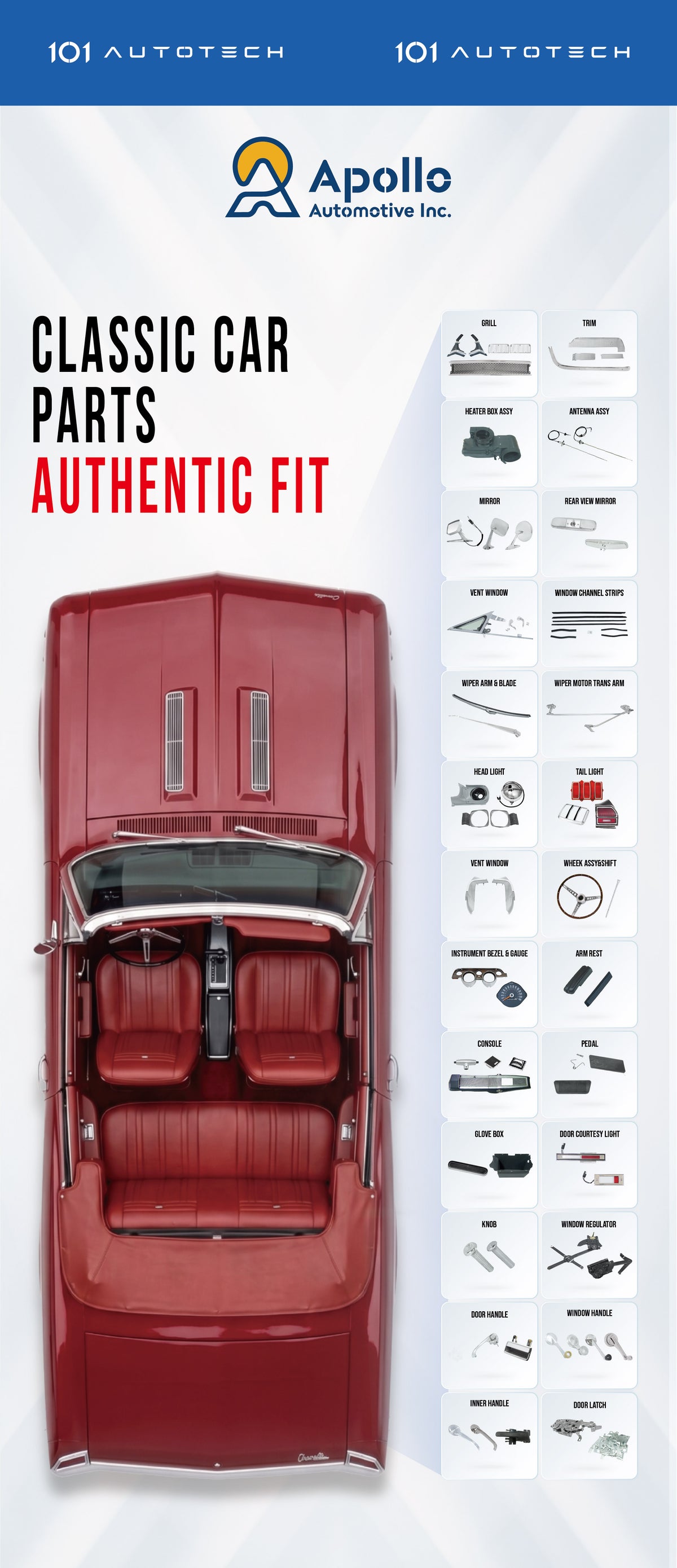 Classic car parts programme covering body, trim, lighting and interior components