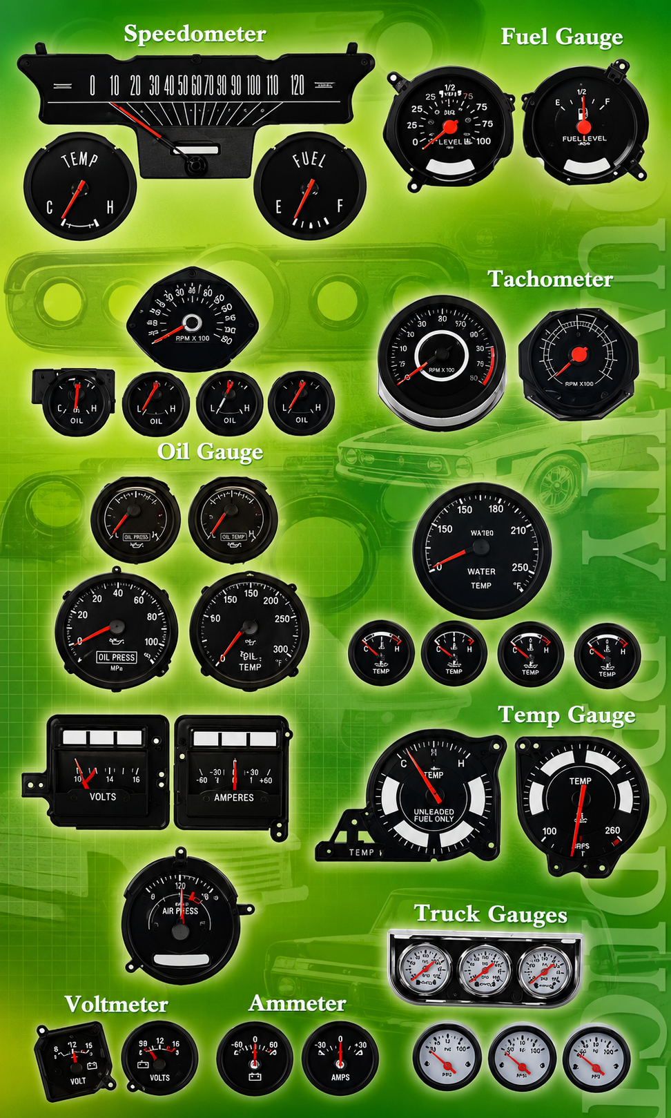 Instrument gauges: speedometer, fuel, oil, temperature, tachometer and truck gauge sets