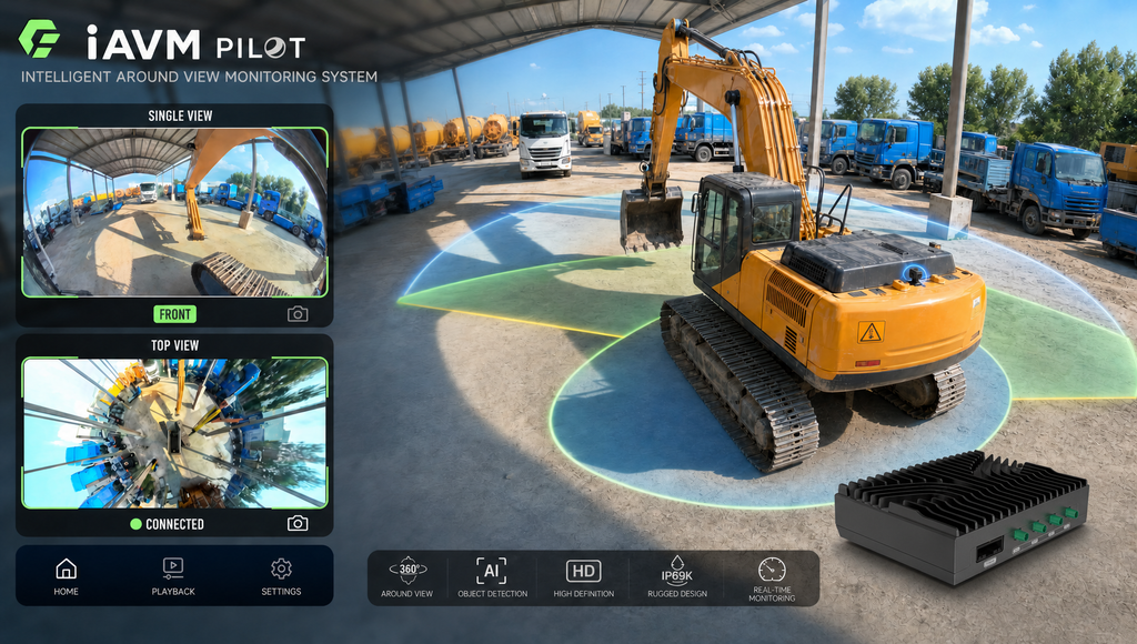 iAVM Pilot around-view monitoring interface on a construction site