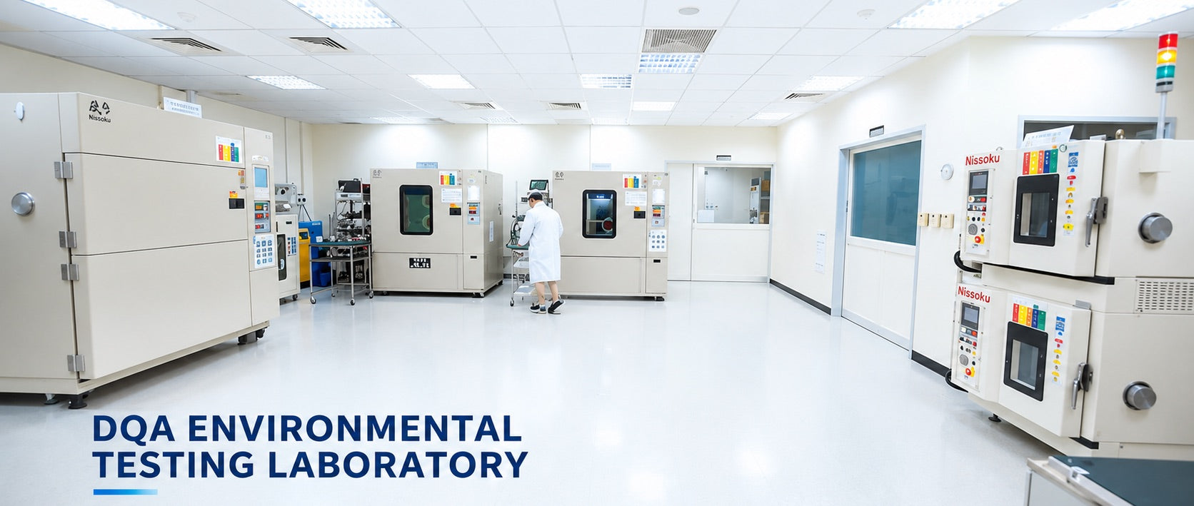 An engineer at work among rows of environmental test chambers in JET Optoelectronics' testing laboratory.